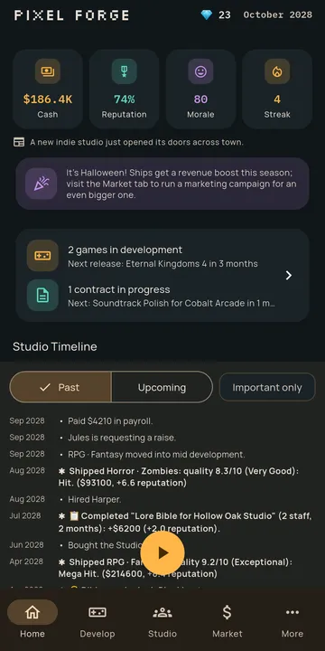 Pixel Forge screen: Run your studio month by month